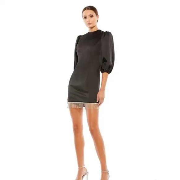 Mac Duggal 26672 Cocktail Party Dress Black Satin Minidress Jewel Fringe Sz 4 - Picture 2 of 11